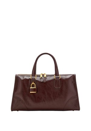 Sac à main en cuir brun avec une texture lisse, doté de quincaillerie dorée, d'un accent de serrure et de deux anses supérieures. Forme rectangulaire avec des bords arrondis.