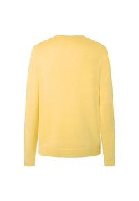 Suéter amarillo, material de punto, cuello redondo, mangas largas, textura suave, sin patrones ni componentes visibles, vista trasera mostrada.