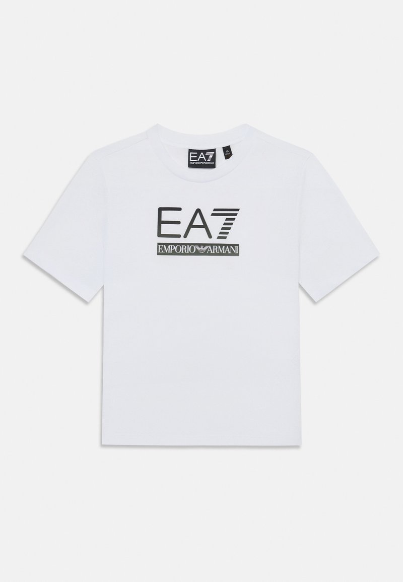 Weißes Baumwoll-T-Shirt mit einem schwarzen EA7 Emporio Armani-Logo auf der Vorderseite. Klassischer Rundhalsausschnitt und kurze Ärmel.