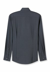 Dunkelgraues Langarmhemd mit einem dezenten Punktmuster, Knopfmanschetten und einem klassischen Kragen. Glatte Textur, taillierter Schnitt mit abgerundetem Saum.