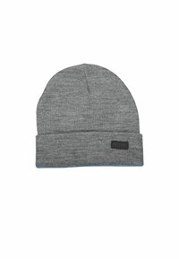 Bonnet tricoté gris avec design à revers. Présente une étiquette noire avec le texte "DEELUXE". Texture douce avec une finition lisse.