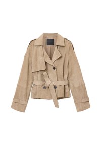 Μπεζ σαλοπέτα από σουέντ με διπλό πέτο, φαρδιές πέτσες, ζώνη στη μέση και μανσέτες με κουμπιά. Ομαλή υφή και μανίκια μεσαίου μήκους.