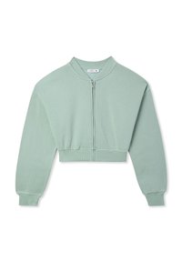 Felpa corta verde menta con colletto alto, cerniera frontale e polsini a coste. Tessuto morbido con una texture liscia e design semplice.