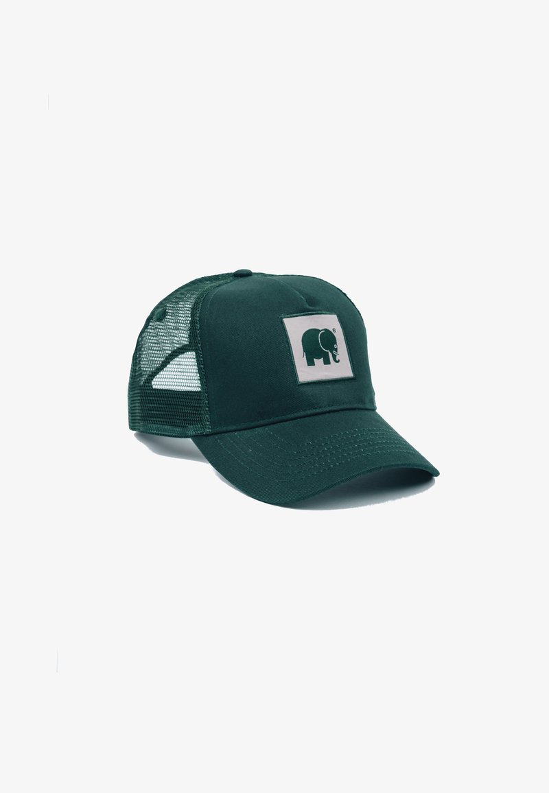 Dark green cap with a solid front and mesh sides. Features a square patch with an elephant design. Curved brim and textured fabric.