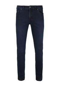 Dark blue denim jeans with a slim fit. Features five pockets, belt loops, and a zip-fly with a button closure. Smooth texture and even color.