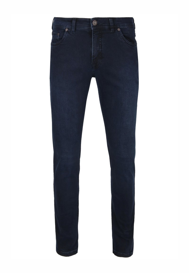 Dark blue denim jeans with a slim fit. Features five pockets, belt loops, and a zip-fly with a button closure. Smooth texture and even color.
