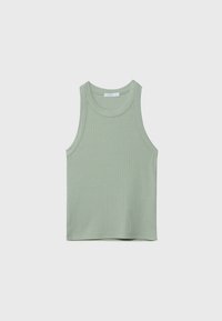 Lys grøn ribbet tanktop med rund halsudskæring og brede skulderstropper, der har en lige kant og er lavet af et blødt, tekstureret stof.