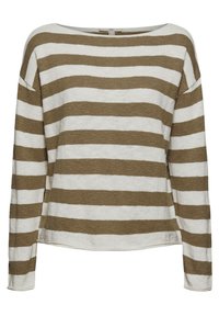 Pull en maille à manches longues avec larges rayures horizontales beige et blanc et un large col rond.