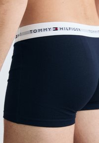 Navyblaue Boxershorts aus weichem Stoff, mit einem weißen elastischen Bund, der das Logo "TOMMY HILFIGER" und charakteristische Farbakzente trägt.