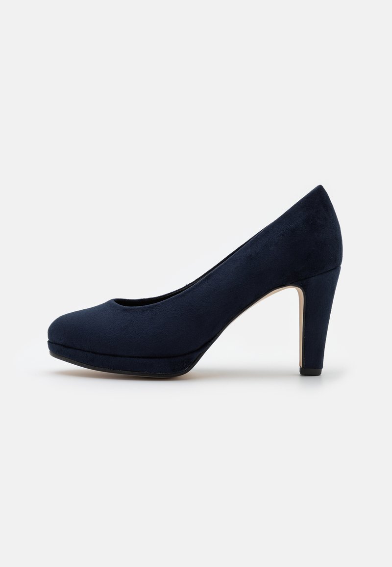Navy blue suede high heels with a rounded toe and a 10 cm block heel. Smooth texture with a subtle sheen, featuring a cushioned insole.