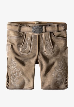 Shorts en cuir marron clair avec une broderie blanche complexe. Dotés d'une ceinture avec une boucle en argent et de poches sur les côtés avant.