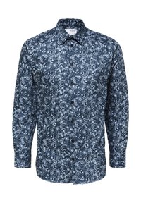 Marinblus med lång ärm som har ett detaljerat vitt blommönster, klassisk krage, knappstängning fram och enfaldiga manschetter.