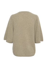 Beige, kötött pulóver kerek nyakkivágással és rövid, széles ujjakkal. Puha textúrájú, laza fazonban, látható minták vagy díszítések nélkül.