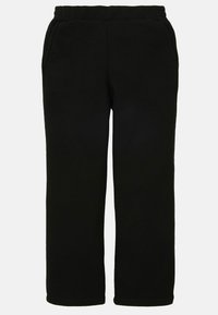 Pantalon en velours côtelé noir avec taille élastique et poches latérales, coupe droite.