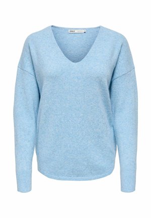 Svijetloplavi pleteni džemper s V-izrezom, spuštenim ramenima i rebrastim manšetama. Meka tekstura i opušteni kroj za udobnost.