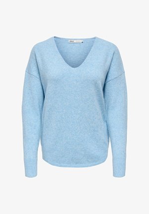 Hele sinine kootud kampsun V-kaelusega, langevate õlgade ja soonikkoes mansettidega. Pehme tekstuur ja lõdvestunud joon, mis tagab mugavuse.