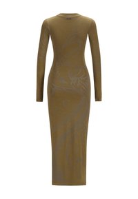 Sukienka z długim rękawem w oliwkowo-zielonym kolorze z dzianiny z wzorem srebrnego smoka. Dopasowana sylwetka z okrągłym dekoltem i długością do połowy uda.