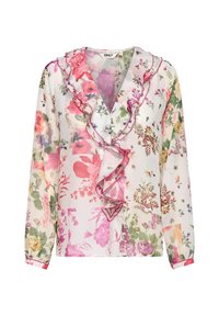 Gėlių blusas su v-kaklu ir volanėlėmis, puoštas rožinėmis, žaliomis ir geltonomis gėlėmis ant permatomo balto fono. Ilgos rankovės.