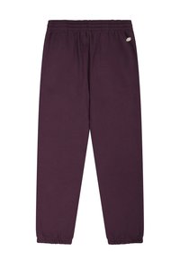 Paarse joggingbroek van zacht materiaal, met een elastische tailleband en een aansluitende boord bij de enkels. Klein logo-detail aan de zijkant.
