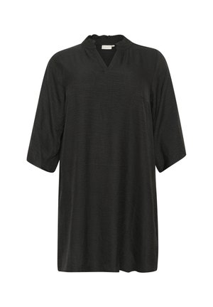 Sort løs blouse med V-udskæring, korte ærmer og tekstureret stof, der har en flæsekrave og lige kant.