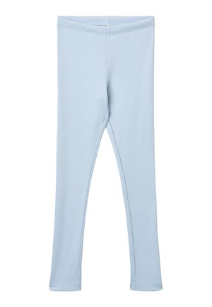 Lyseblå børnebukser med elastisk talje, lavet af ribstrikket stof, lagt fladt på en hvid baggrund.