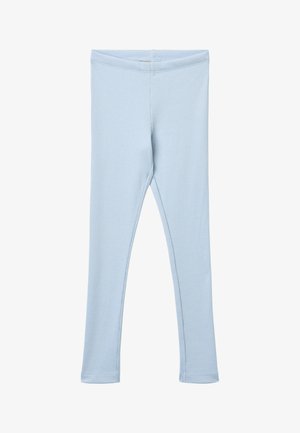 Leggings per bambini azzurri con vita elastica, realizzati in tessuto a coste, stesi su uno sfondo bianco.