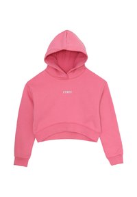 Felpa corta rosa realizzata in morbido tessuto. Presenta un cappuccio con cordino e il logo stampato "PYREX" in bianco sulla parte frontale. Maniche lunghe con polsini.
