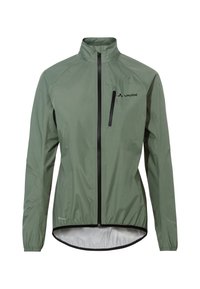 Lichte groene regenjas, met een rits aan de voorkant, opstaand kraag, elastische manchetten en een reflecterend logo, voorzien van een gestructureerde binnenvoering.