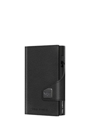 Black textured leather wallet with metal logo and a side lever, branded "Tru Virtu," designed for compact card storage and easy access.