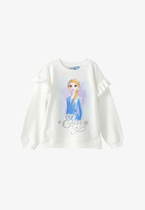 Hvid langærmet sweatshirt med flæsedetaljer på skuldrene med et trykt billede af Elsa fra Frost i en blå kjole med sølvfarvet navntekst.