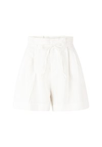 Shorts blancs en tissu léger, dotés d'une taille élastique avec cordon de serrage, d'un devant plissé et d'une coupe décontractée. Texture lisse sans motifs visibles.