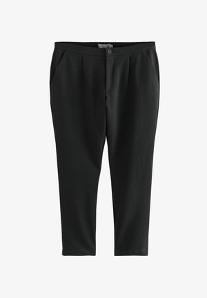 Sorte bukser i blødt stof, der har en almindelig pasform, frontfolder og to sidelommer. Lukkes med en knap og lynlås.