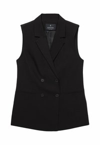 Schwarzer ärmelloser Blazer mit doppelter Knopfleiste, Reverskragen und zwei Knopfverschlüssen. Hergestellt aus glattem, strukturiertem Stoff.