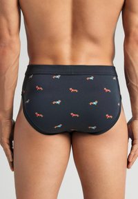 Czarne męskie slipy z powtarzającym się wzorem małych kreskówkowych jamników w czerwonym i niebieskim ubraniu. Miękka tkanina z elastycznym paskiem w talii.