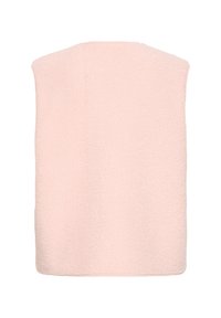 Világos rózsaszín, ujjatlan felső ruha, texturált bolyhos anyagból készült, egyszerű téglalap alakú és lekerekített szélekkel.