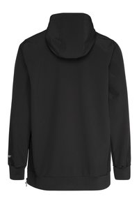 Zwarte hoodie-jack met een gladde stofafwerking. Heeft elastische manchetten en een zoom, en zijritsen aan de onderkant voor flexibiliteit.