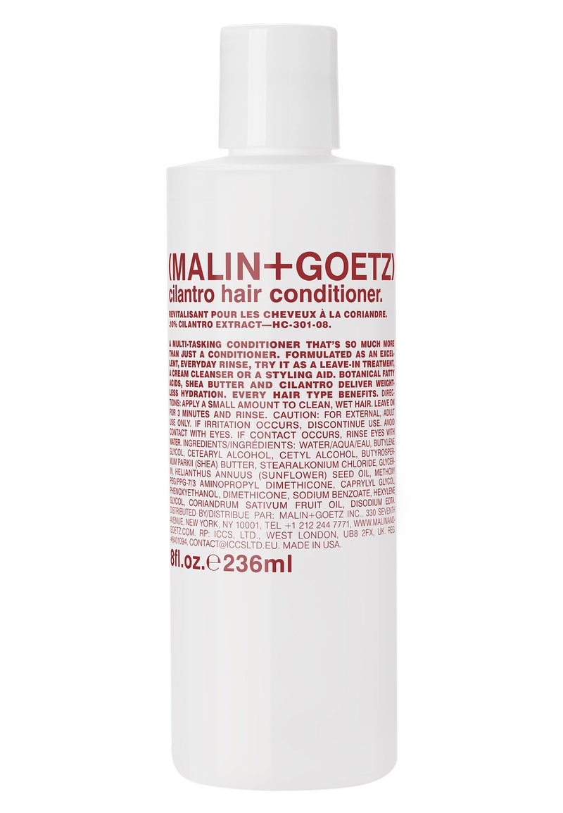 Weiße Kunststoffflasche mit zylindrischer Form. Enthält roten Text mit der Aufschrift "Cilantro-Haarspülung" und Zutatenangaben. Inhalt 236 ml.