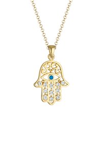 Goldkette mit einem Hamsa-Hand-Anhänger, der mit filigranen Designs, einem blauen Stein in der Mitte und mehreren klaren Strasssteinen verziert ist.
