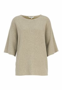 Beiger gestrickter Pullover mit weiten, ellbogenlangen Ärmeln und rundem Ausschnitt, präsentiert auf weißem Hintergrund.