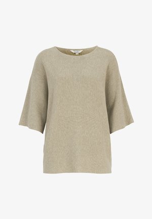 Beige neulepaita, jossa on leveät kyynärpään mittaiset hihat ja pyöreä pääntie, esillä valkoisella taustalla.