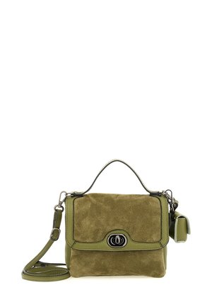 Piccola borsa a mano in suede e pelle verde oliva, con manico superiore, pattina frontale con chiusura a torsione in argento e tracolla rimovibile.