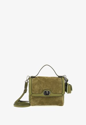 Piccola borsa a mano in suede e pelle verde oliva, con manico superiore, pattina frontale con chiusura a torsione in argento e tracolla rimovibile.
