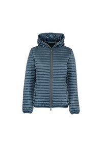 Giacca imbottita con cappuccio di colore blu scuro, caratterizzata da un design trapuntato, chiusura frontale con zip e polsini elasticizzati per una vestibilità aderente.