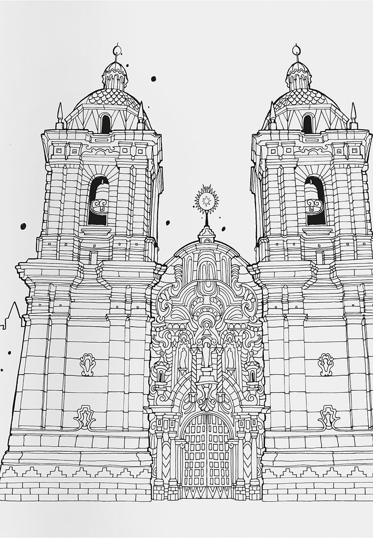 Rysunek liniowy fasady kościoła z dwoma wieżami dzwonów, ozdobnymi detalami, łukami oraz centralnym wejściem z dekoracyjnymi wzorami i akcentami.