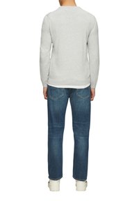 Lichtgrijze crewneck sweatshirt met lange mouwen, gecombineerd met donkerblauwe denim jeans en witte sneakers, gezien vanuit de achterkant.