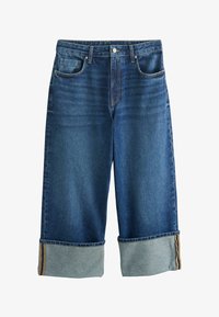 Vaqueros culotte de mezclilla azul con amplios puños doblados y diseño clásico de cinco bolsillos, cierre de botón y cremallera en la cintura.