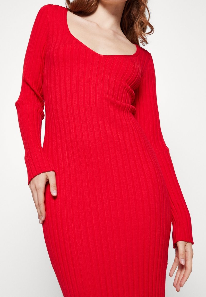 monki ribbed dress Monki textured rib knitted off the shoulder midi dress in soft white