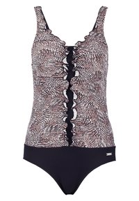 Maillot de bain avec un imprimé léopard dans des tons de marron et noir, détail froncé à l'avant, et un bas noir uni avec un petit accent logo.