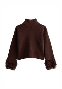 Pull marron côtelé avec un col montant et des manches larges ornées de franges aux poignets. Tissu en maille texturée. Coupe courte.