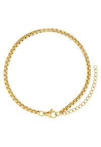 Bracciale in oro con forme rettangolari collegate, chiusura a molla e catena di estensione per lunghezza regolabile.